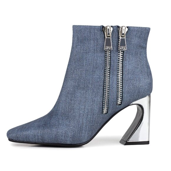 Stylish Modern Womens Blue Denim Metal High Heel Double Zipper Ankle Boots - Picture 2 of 9